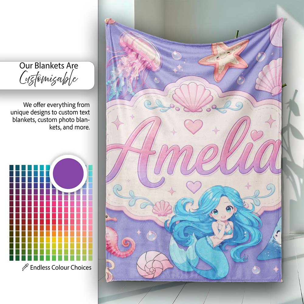 Cute Blue Mermaid Jellyfish Seahorse and Ocean Creatures Purple  Personalised Custom Name Super Soft Fleece Blanket Bed Sofa Throw
