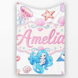 Cute Blue Mermaid Jellyfish Seahorse and Ocean Creatures Light Grey  Personalised Custom Name Super Soft Fleece Blanket Bed Sofa Throw