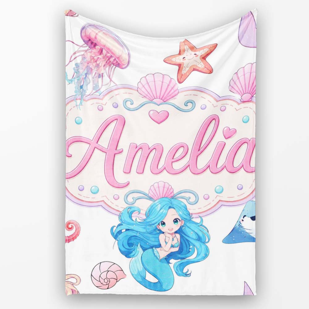 Cute Blue Mermaid Jellyfish Seahorse and Ocean Creatures Light Grey  Personalised Custom Name Super Soft Fleece Blanket Bed Sofa Throw