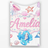 Cute Blue Mermaid Jellyfish Seahorse and Ocean Creatures Light Grey  Personalised Custom Name Super Soft Fleece Blanket Bed Sofa Throw