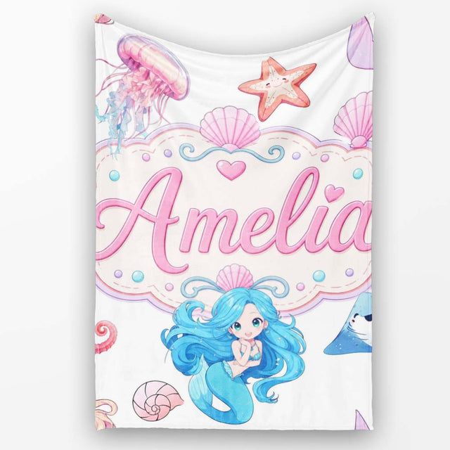 Cute Blue Mermaid Jellyfish Seahorse and Ocean Creatures Light Grey  Personalised Custom Name Super Soft Fleece Blanket Bed Sofa Throw