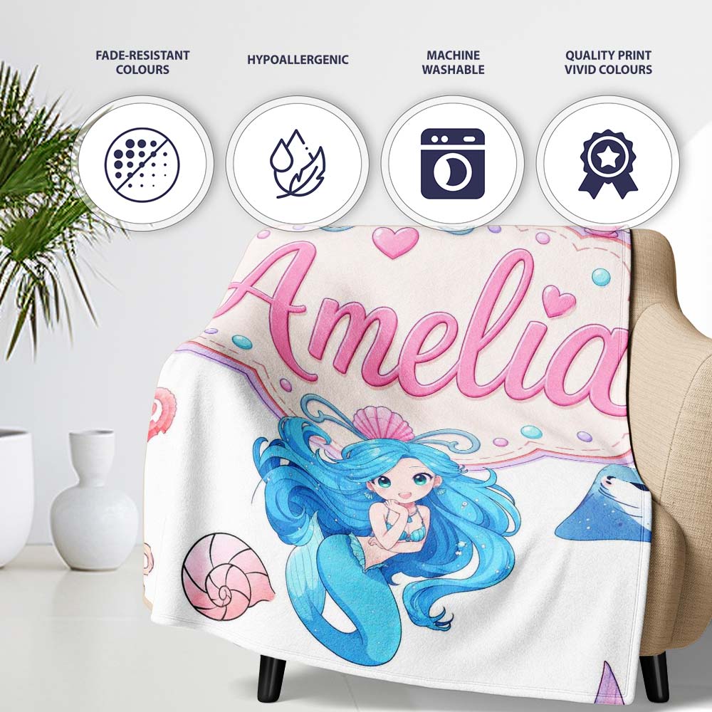 Cute Blue Mermaid Jellyfish Seahorse and Ocean Creatures Light Grey  Personalised Custom Name Super Soft Fleece Blanket Bed Sofa Throw