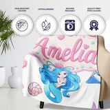 Cute Blue Mermaid Jellyfish Seahorse and Ocean Creatures Light Grey  Personalised Custom Name Super Soft Fleece Blanket Bed Sofa Throw