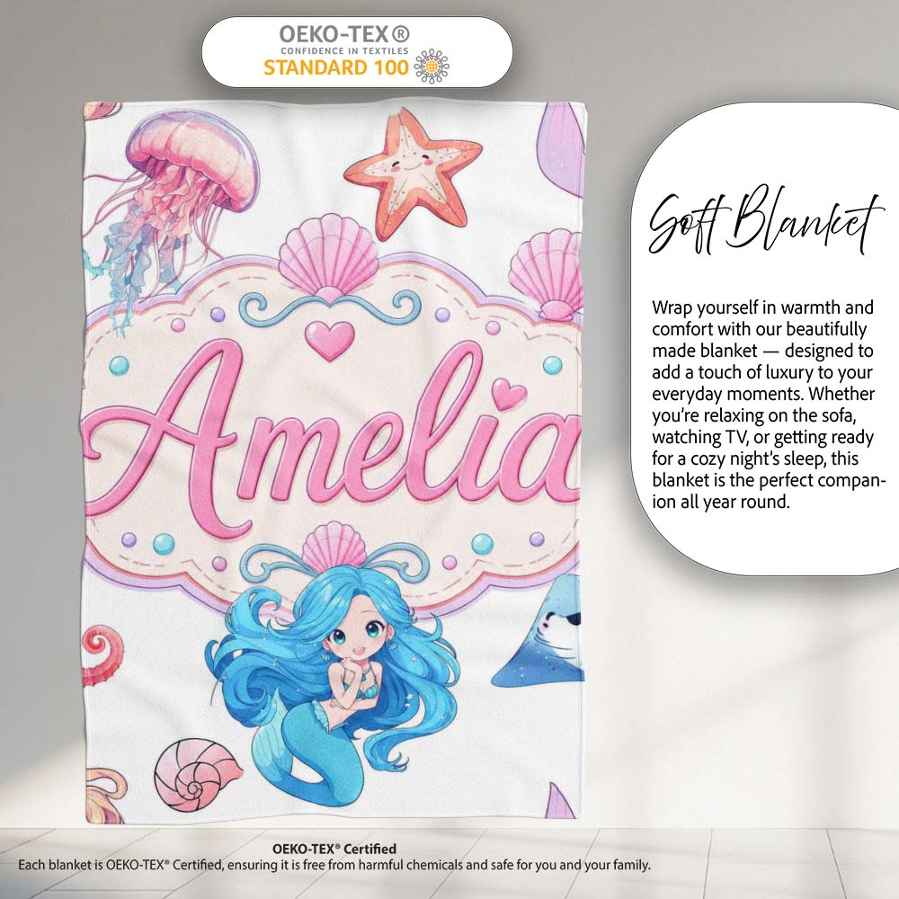 Cute Blue Mermaid Jellyfish Seahorse and Ocean Creatures Light Grey  Personalised Custom Name Super Soft Fleece Blanket Bed Sofa Throw