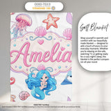 Cute Blue Mermaid Jellyfish Seahorse and Ocean Creatures Light Grey  Personalised Custom Name Super Soft Fleece Blanket Bed Sofa Throw