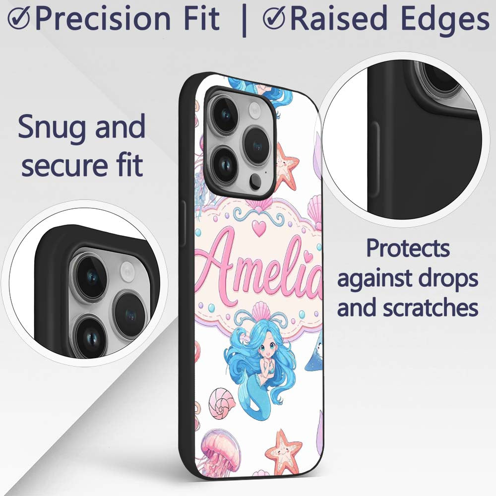 Cute Blue Mermaid Jellyfish Seahorse and Ocean Custom Name Protective Phone Case Mobile Cover Durable Everyday Smartphone Shock Resistant