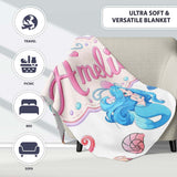 Cute Blue Mermaid Jellyfish Seahorse and Ocean Creatures Light Grey  Personalised Custom Name Super Soft Fleece Blanket Bed Sofa Throw