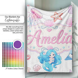 Cute Blue Mermaid Jellyfish Seahorse and Ocean Creatures Light Grey  Personalised Custom Name Super Soft Fleece Blanket Bed Sofa Throw