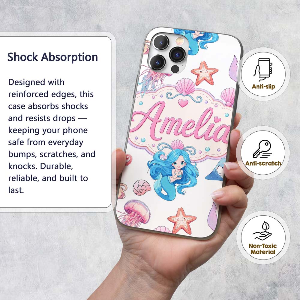 Cute Blue Mermaid Jellyfish Seahorse and Ocean Custom Name Protective Phone Case Mobile Cover Durable Everyday Smartphone Shock Resistant
