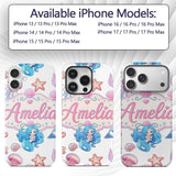 Cute Blue Mermaid Jellyfish Seahorse and Ocean Custom Name Protective Phone Case Mobile Cover Durable Everyday Smartphone Shock Resistant