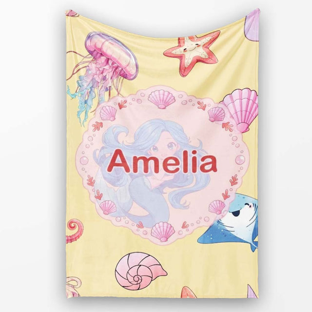 Cute Blue Mermaid Jellyfish Seahorse and Ocean Creatures Soft Yellow  Personalised Custom Name Super Soft Fleece Blanket Bed Sofa Throw