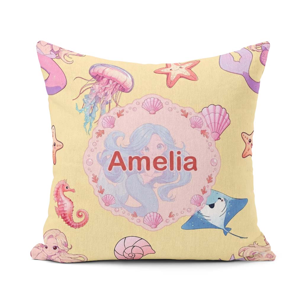 Custom Name Cute Blue Mermaid Jellyfish and Ocean Creatures Soft Square Filled Cushion Throw Pillow Sofa Bed Home Decor Zip Washable UK Made