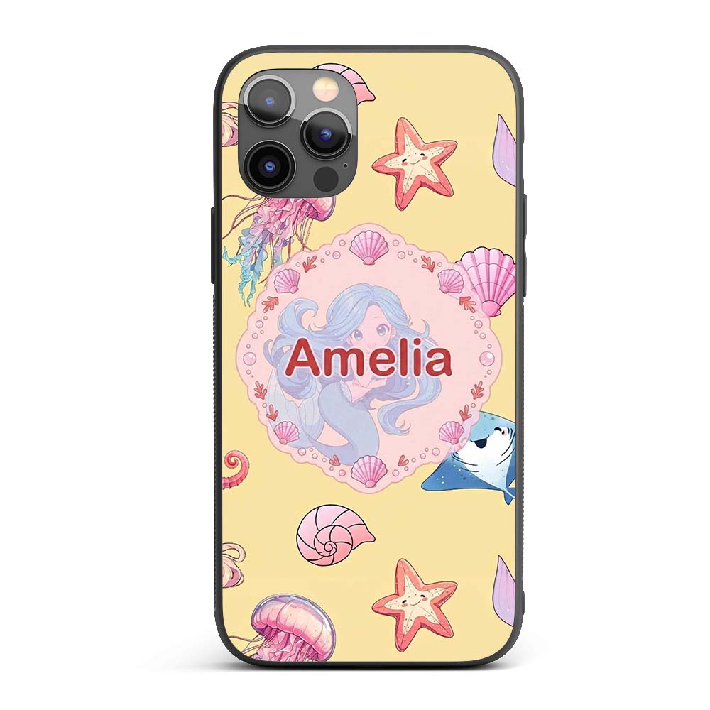 Cute Blue Mermaid Jellyfish Seahorse and Ocean Custom Name Protective Phone Case Mobile Cover Durable Everyday Smartphone Shock Resistant