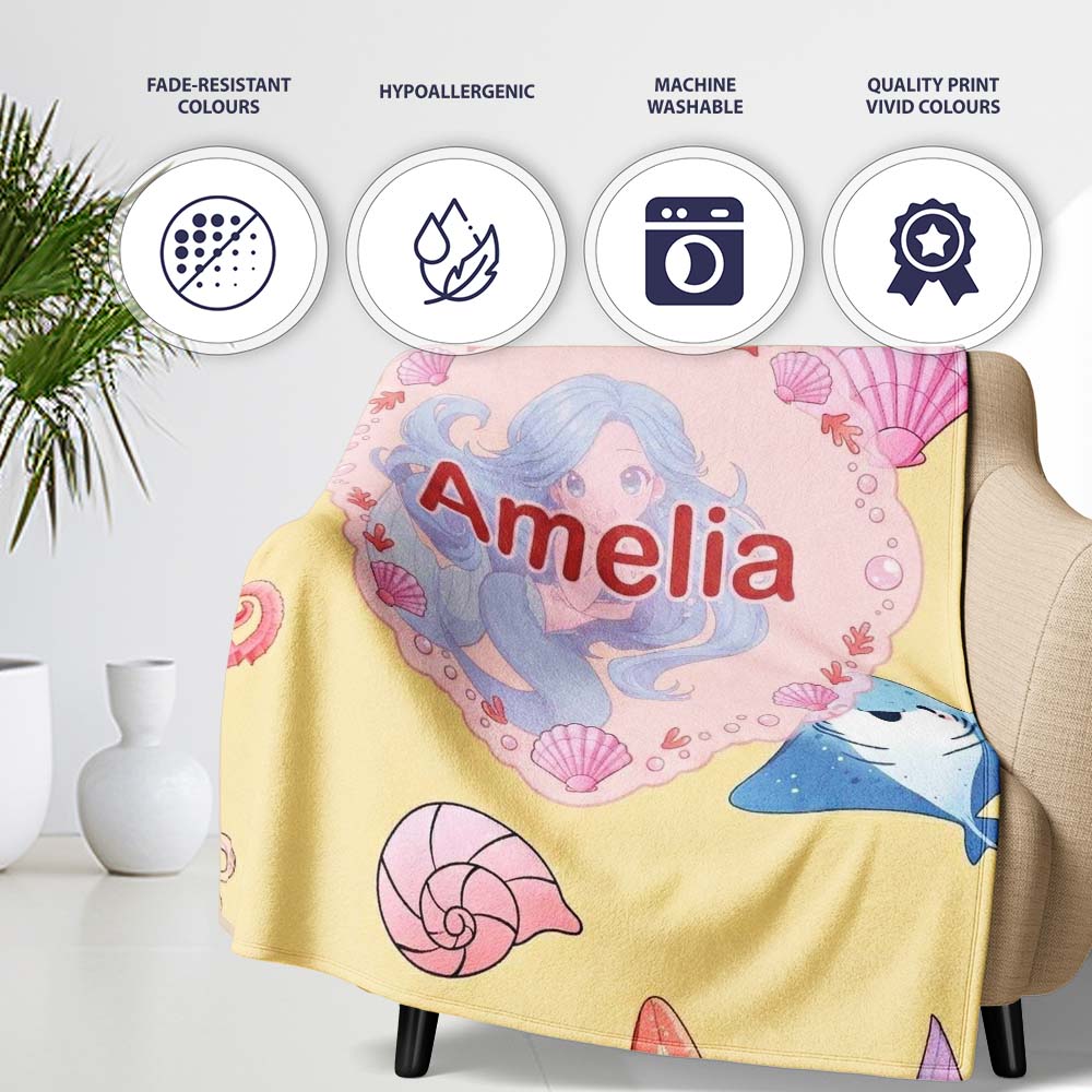 Cute Blue Mermaid Jellyfish Seahorse and Ocean Creatures Soft Yellow  Personalised Custom Name Super Soft Fleece Blanket Bed Sofa Throw