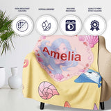 Cute Blue Mermaid Jellyfish Seahorse and Ocean Creatures Soft Yellow  Personalised Custom Name Super Soft Fleece Blanket Bed Sofa Throw