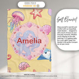 Cute Blue Mermaid Jellyfish Seahorse and Ocean Creatures Soft Yellow  Personalised Custom Name Super Soft Fleece Blanket Bed Sofa Throw