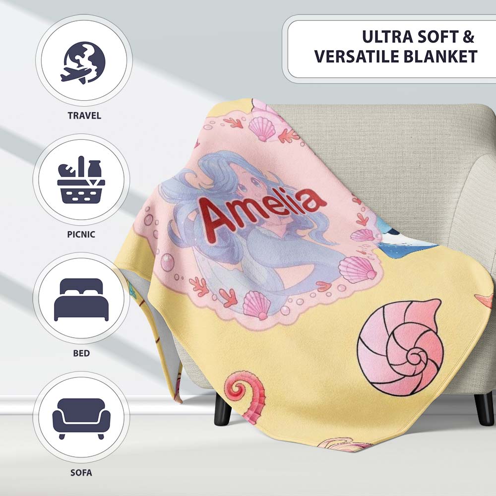 Cute Blue Mermaid Jellyfish Seahorse and Ocean Creatures Soft Yellow  Personalised Custom Name Super Soft Fleece Blanket Bed Sofa Throw