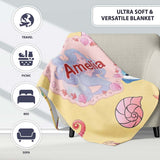 Cute Blue Mermaid Jellyfish Seahorse and Ocean Creatures Soft Yellow  Personalised Custom Name Super Soft Fleece Blanket Bed Sofa Throw