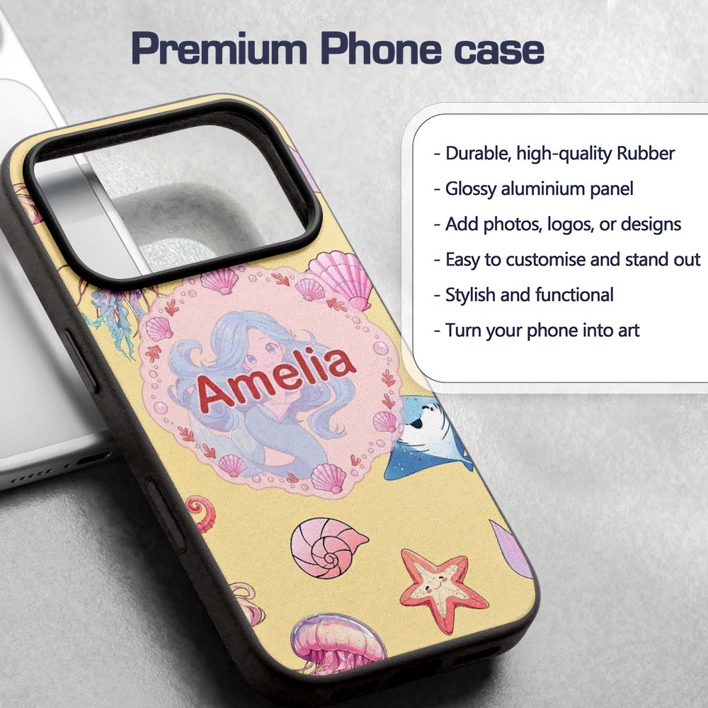 Cute Blue Mermaid Jellyfish Seahorse and Ocean Custom Name Protective Phone Case Mobile Cover Durable Everyday Smartphone Shock Resistant
