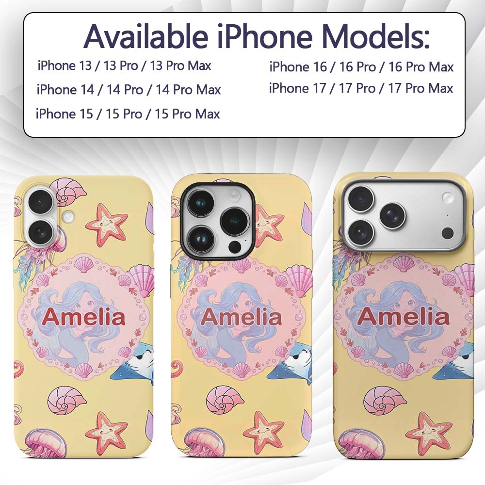 Cute Blue Mermaid Jellyfish Seahorse and Ocean Custom Name Protective Phone Case Mobile Cover Durable Everyday Smartphone Shock Resistant