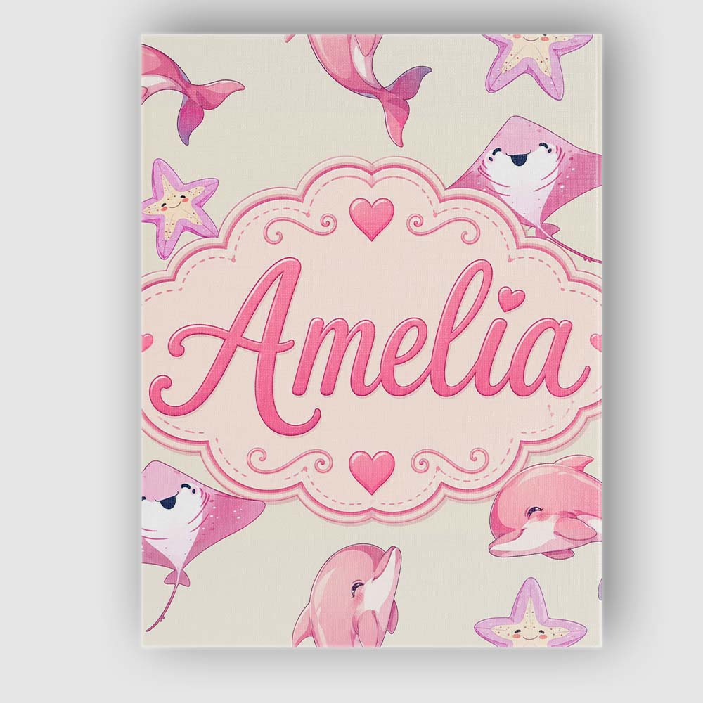 Personalised Name Cute Pink Dolphin Stingray Custom Bespoke  Contemporary Display Canvas Wall Art Print Decor Picture Ready to Hang