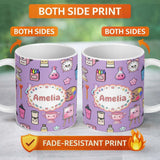 Personalized Custom Name Cute Kawaii Graduation School Science Art Supplies Pattern Purple 11oz Ceramic Coffee Tea Mug White Large Handle