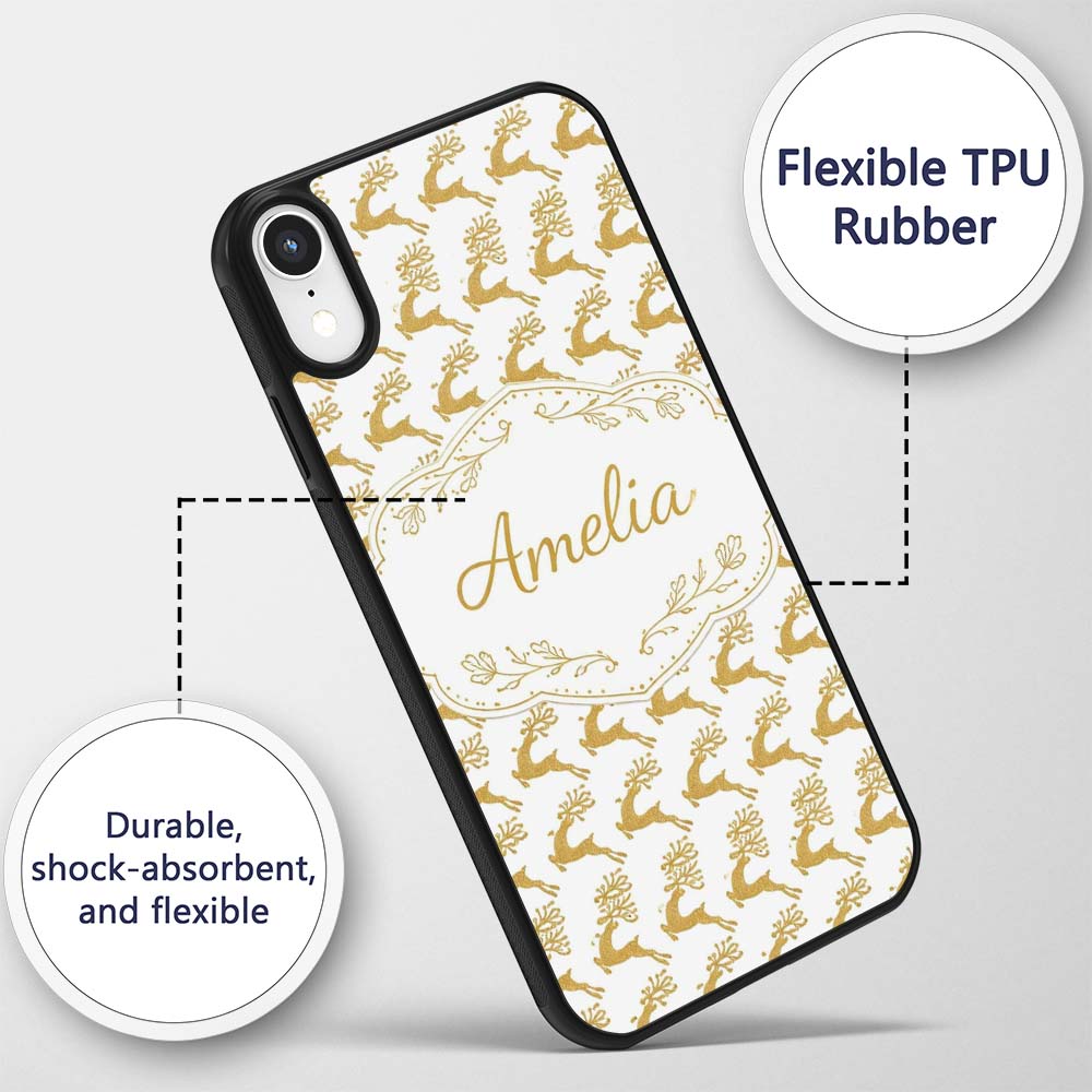 Gold Glitter Reindeer Christmas Seamless Pattern Custom Name Protective Phone Case Mobile Cover Durable Everyday Smartphone Shock Resistant