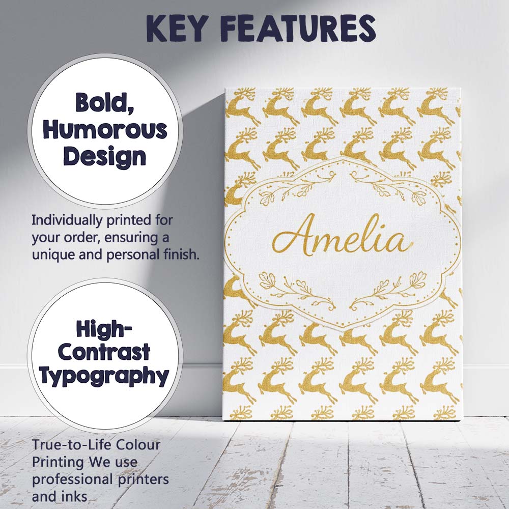 Personalised Name Gold Glitter Reindeer Christmas Seamless Pattern Custom  Unique Canvas Wall Art Print Decor Picture Ready to Hang
