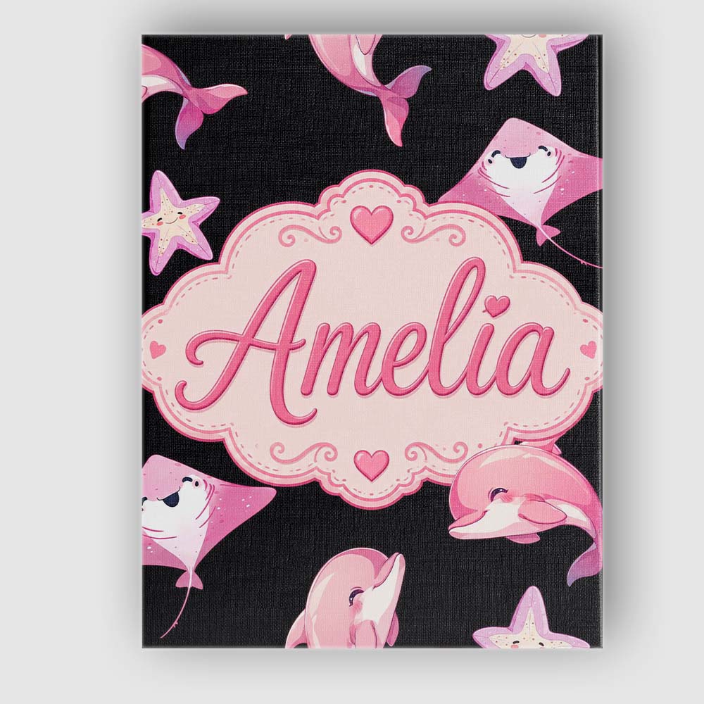 Personalised Name Cute Pink Dolphin Stingray Custom Bespoke  Contemporary Display Canvas Wall Art Print Decor Picture Ready to Hang