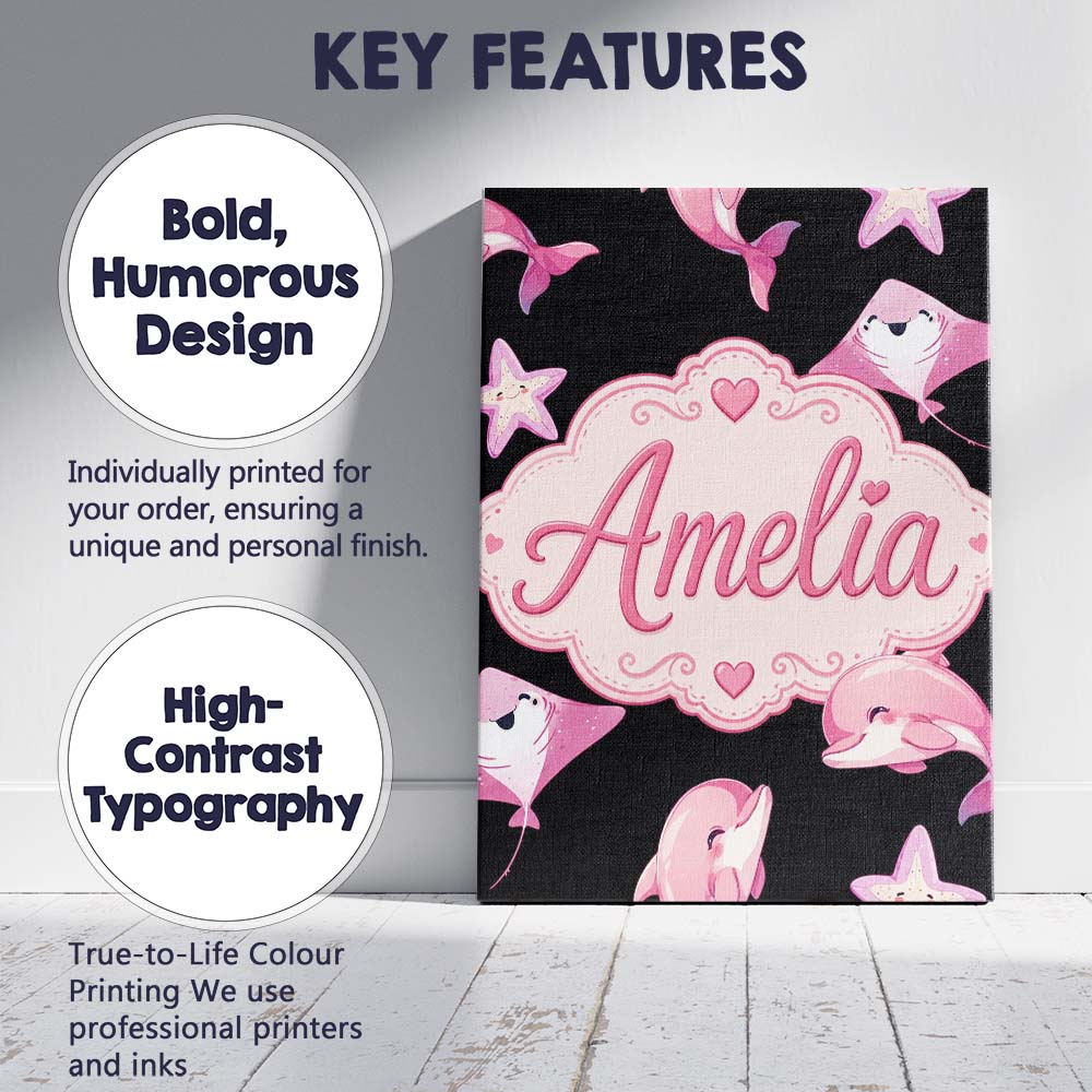 Personalised Name Cute Pink Dolphin Stingray Custom Bespoke  Contemporary Display Canvas Wall Art Print Decor Picture Ready to Hang