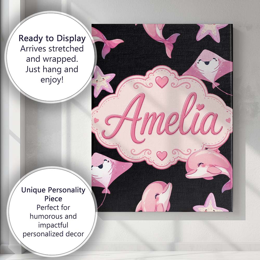 Personalised Name Cute Pink Dolphin Stingray Custom Bespoke  Contemporary Display Canvas Wall Art Print Decor Picture Ready to Hang