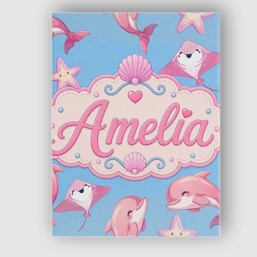 Personalised Name Cute Pink Dolphin Stingray Custom Bespoke  Contemporary Display Canvas Wall Art Print Decor Picture Ready to Hang