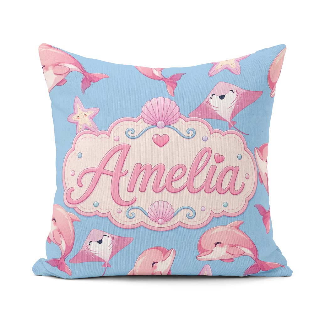 Custom Name Cute Pink Dolphin Stingray Starfish Ocean Light Blue Square Filled Cushion Throw Pillow Sofa Bed Home Decor Zip Washable UK Made
