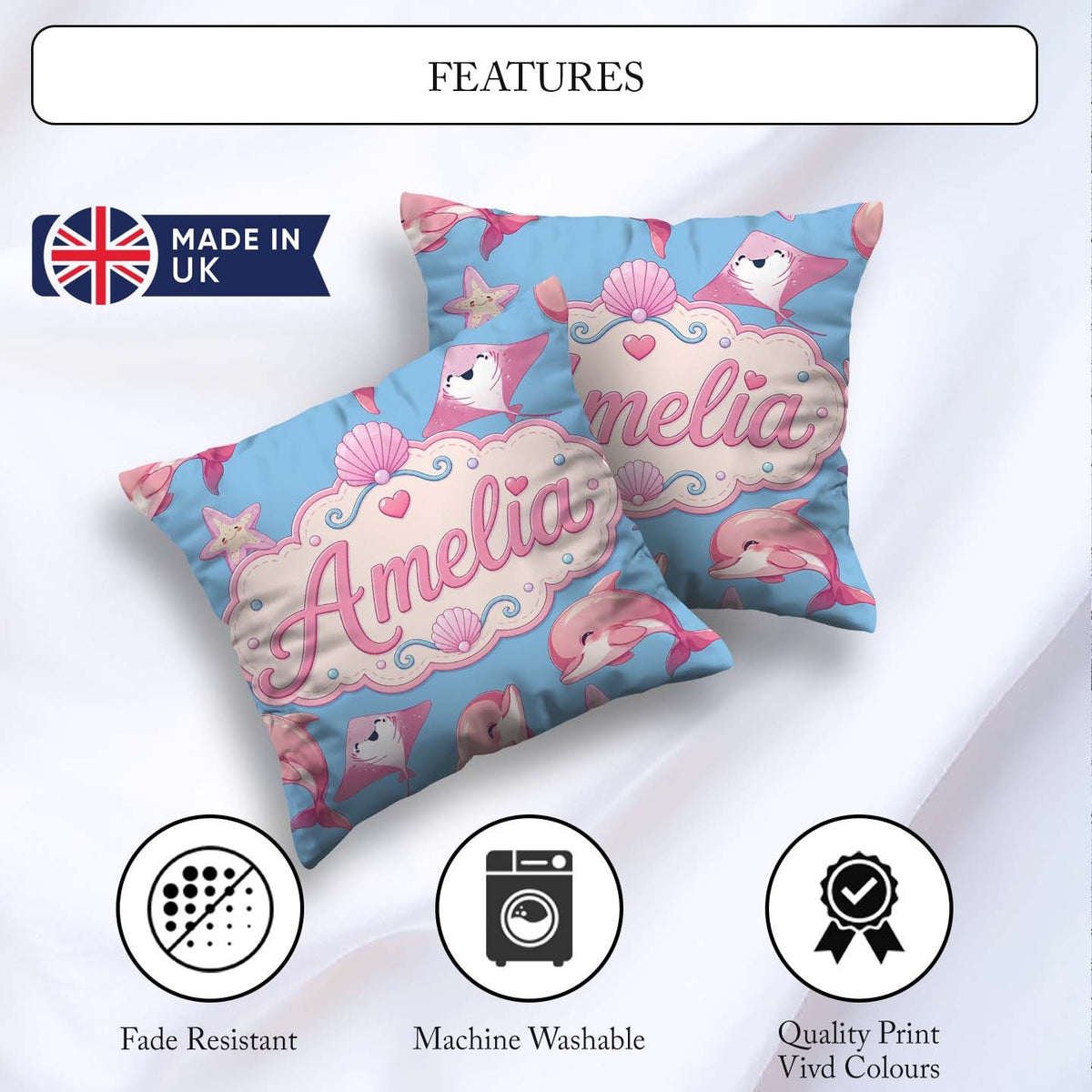 Custom Name Cute Pink Dolphin Stingray Starfish Ocean Light Blue Square Filled Cushion Throw Pillow Sofa Bed Home Decor Zip Washable UK Made