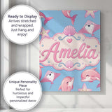 Personalised Name Cute Pink Dolphin Stingray Custom Bespoke  Contemporary Display Canvas Wall Art Print Decor Picture Ready to Hang