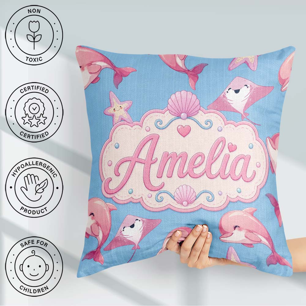 Custom Name Cute Pink Dolphin Stingray Starfish Ocean Light Blue Square Filled Cushion Throw Pillow Sofa Bed Home Decor Zip Washable UK Made