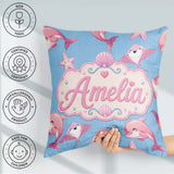 Custom Name Cute Pink Dolphin Stingray Starfish Ocean Light Blue Square Filled Cushion Throw Pillow Sofa Bed Home Decor Zip Washable UK Made