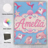 Personalised Name Cute Pink Dolphin Stingray Custom Bespoke  Contemporary Display Canvas Wall Art Print Decor Picture Ready to Hang