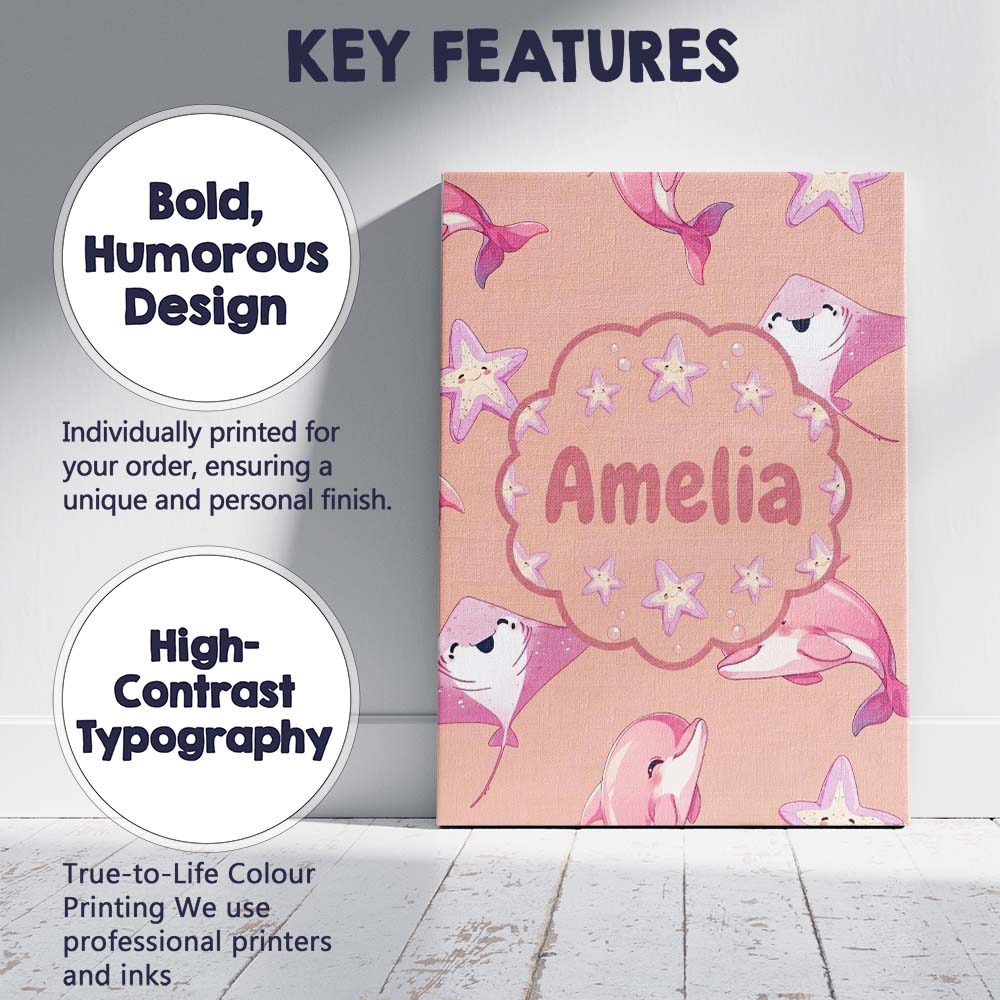 Personalised Name Cute Pink Dolphin Stingray Custom Bespoke  Contemporary Display Canvas Wall Art Print Decor Picture Ready to Hang