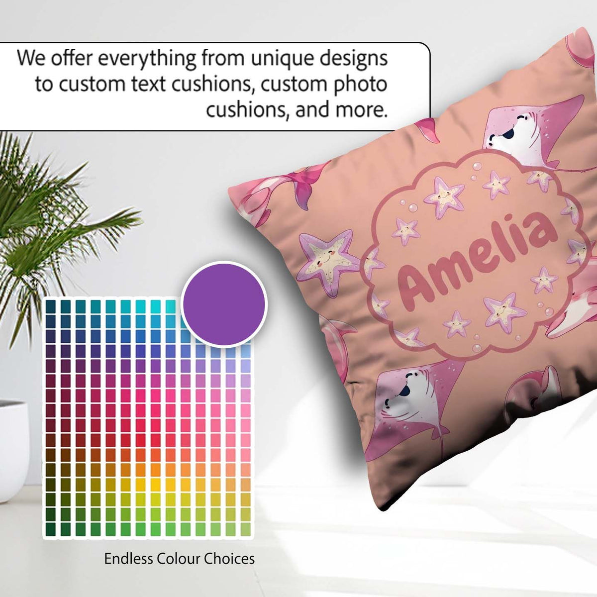 Custom Name Pink Dolphin Stingray Starfish Ocean Creatures Peach Square Filled Cushion Throw Pillow Sofa Bed Home Decor Zip Washable UK Made