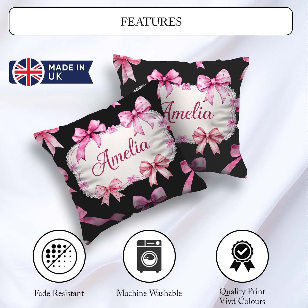 Custom Name Watercolor Pink Ribbon Bow Seamless Pattern on Light Square Filled Cushion Throw Pillow Sofa Bed Home Decor Zip Washable UK Made