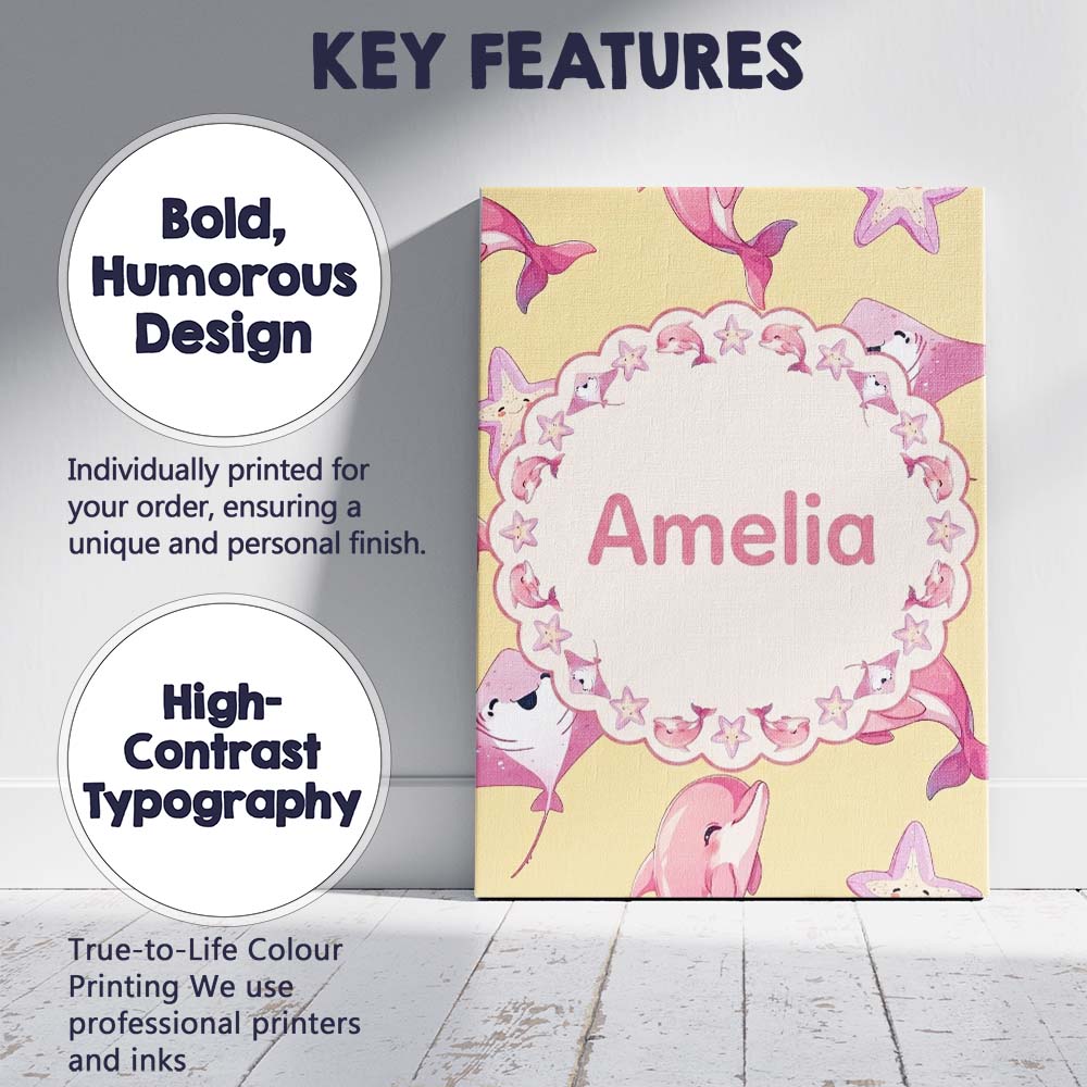 Personalised Name Cute Pink Dolphin Stingray Custom Bespoke  Contemporary Display Canvas Wall Art Print Decor Picture Ready to Hang