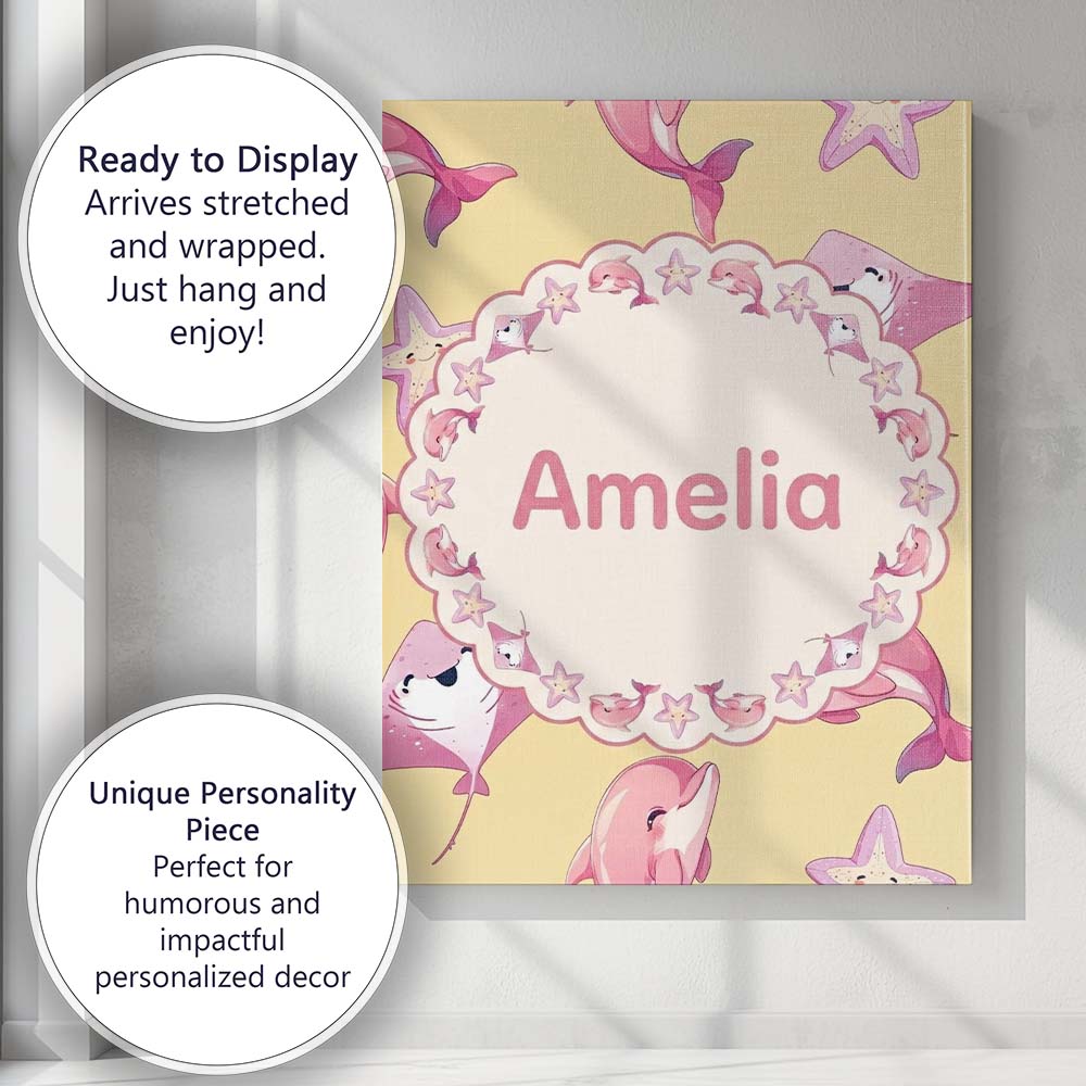 Personalised Name Cute Pink Dolphin Stingray Custom Bespoke  Contemporary Display Canvas Wall Art Print Decor Picture Ready to Hang
