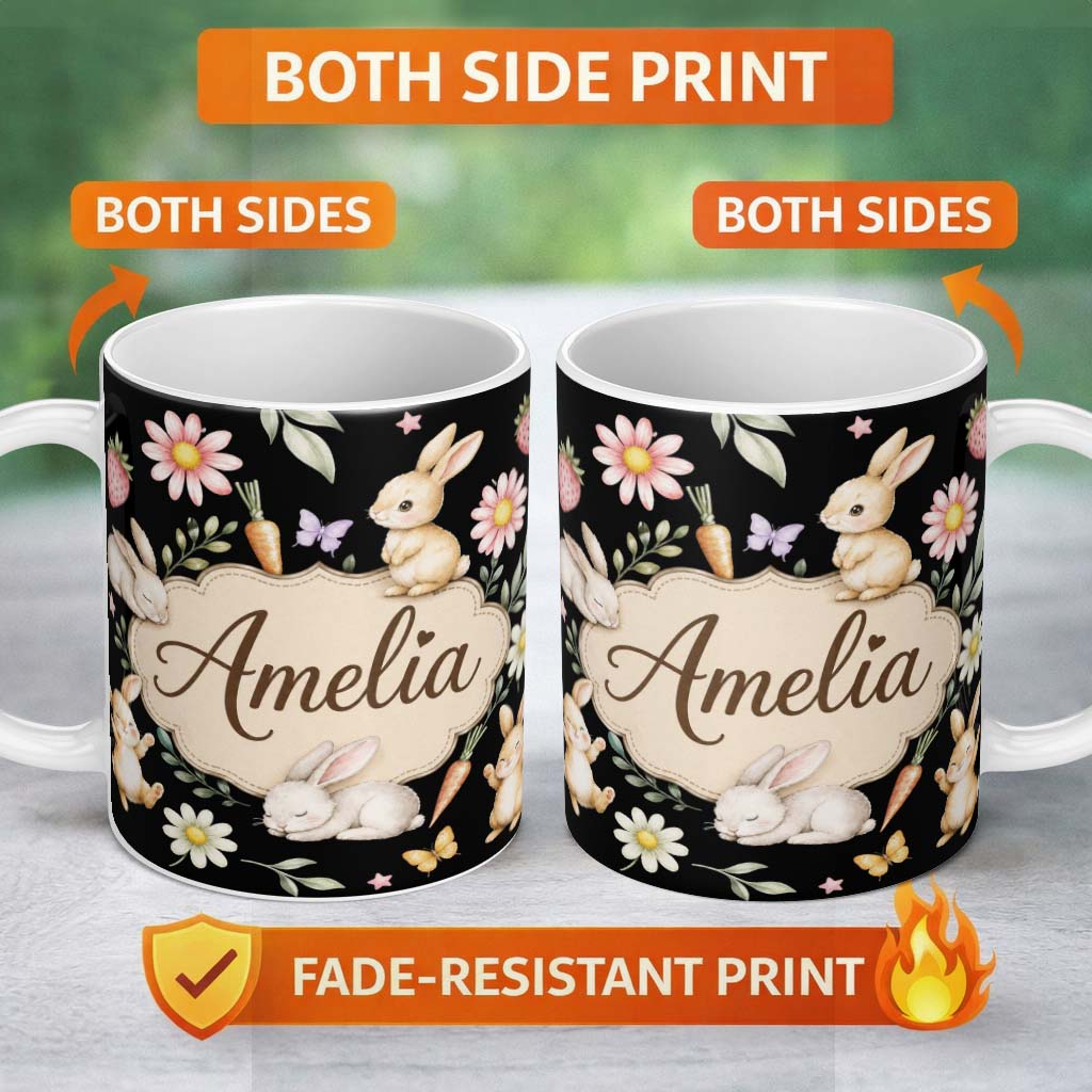 Personalized Custom Name Cute Bunny Rabbits Carrots Flowers Spring Garden Seamless Pattern 11oz Ceramic Coffee Tea Mug White Large Handle