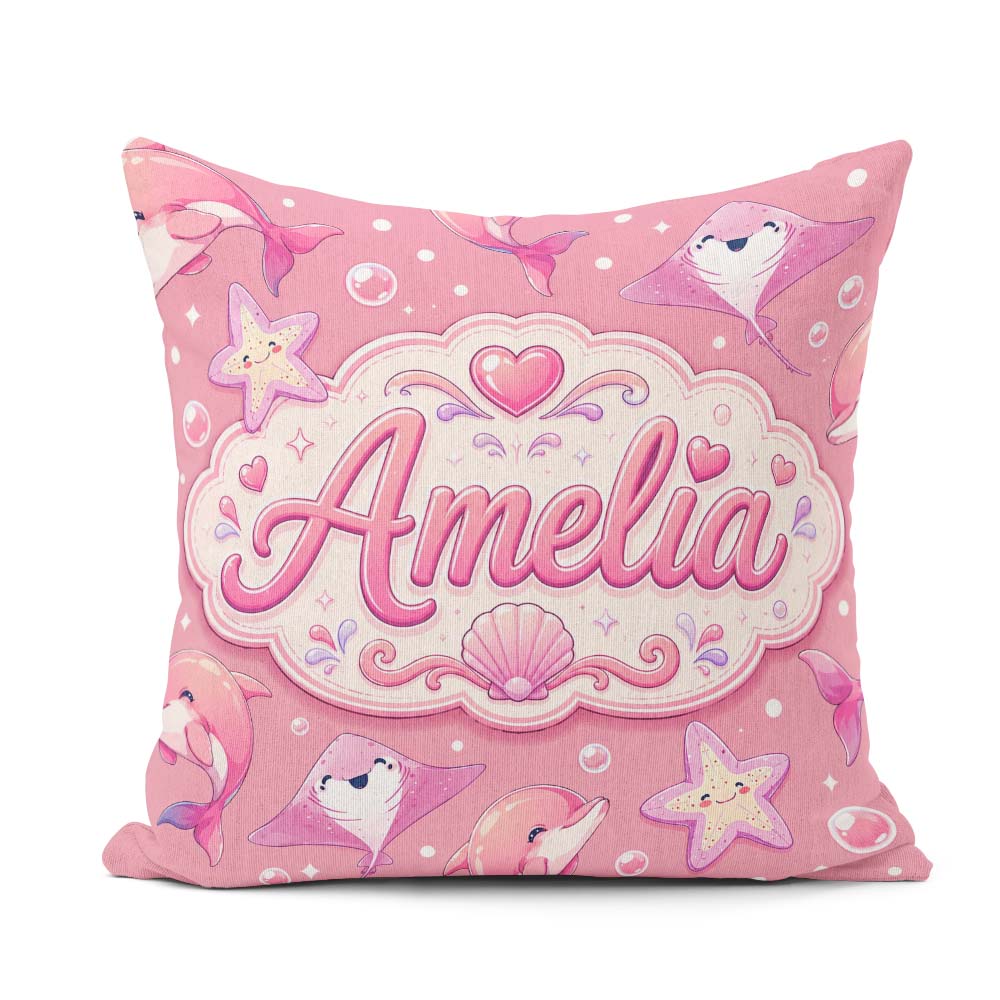 Custom Name Pink Dolphin Stingray Ocean Creatures Pink Polka Dot Square Filled Cushion Throw Pillow Sofa Bed Home Decor Zip Washable UK Made