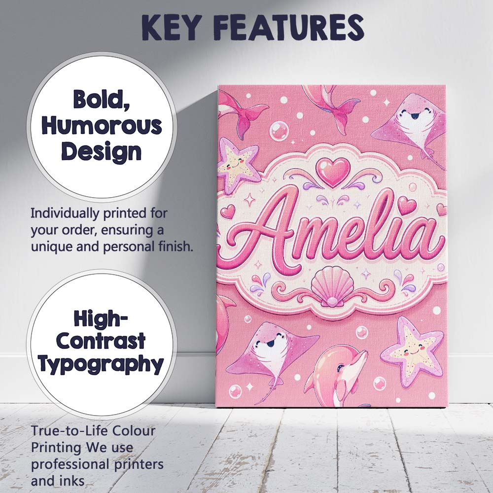 Personalised Name Cute Pink Dolphin Stingray Custom Bespoke  Contemporary Display Canvas Wall Art Print Decor Picture Ready to Hang