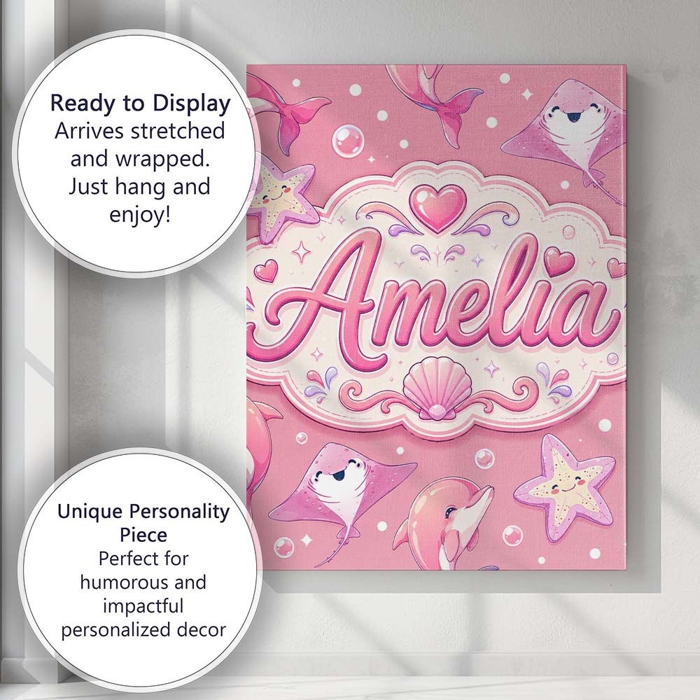 Personalised Name Cute Pink Dolphin Stingray Custom Bespoke  Contemporary Display Canvas Wall Art Print Decor Picture Ready to Hang