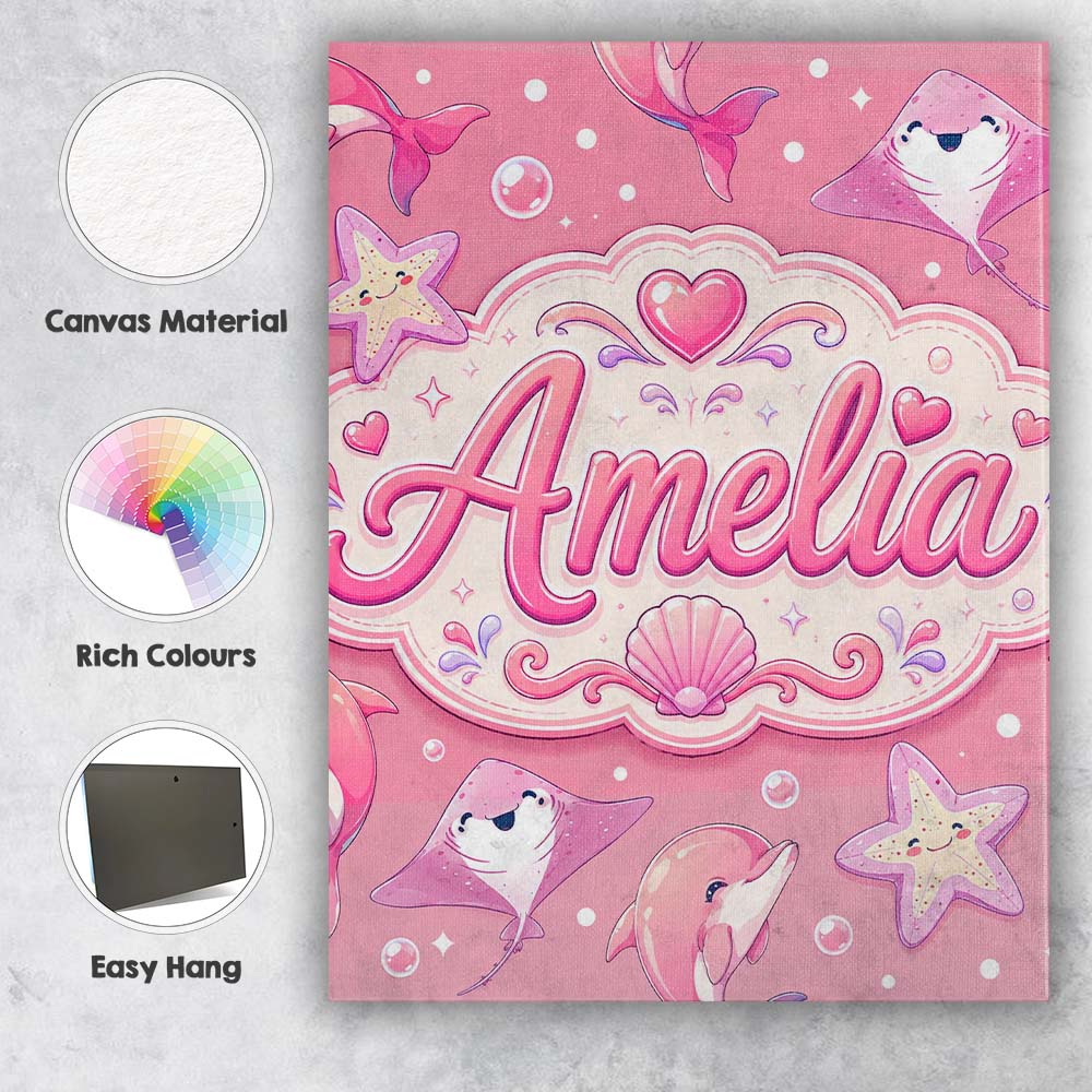 Personalised Name Cute Pink Dolphin Stingray Custom Bespoke  Contemporary Display Canvas Wall Art Print Decor Picture Ready to Hang