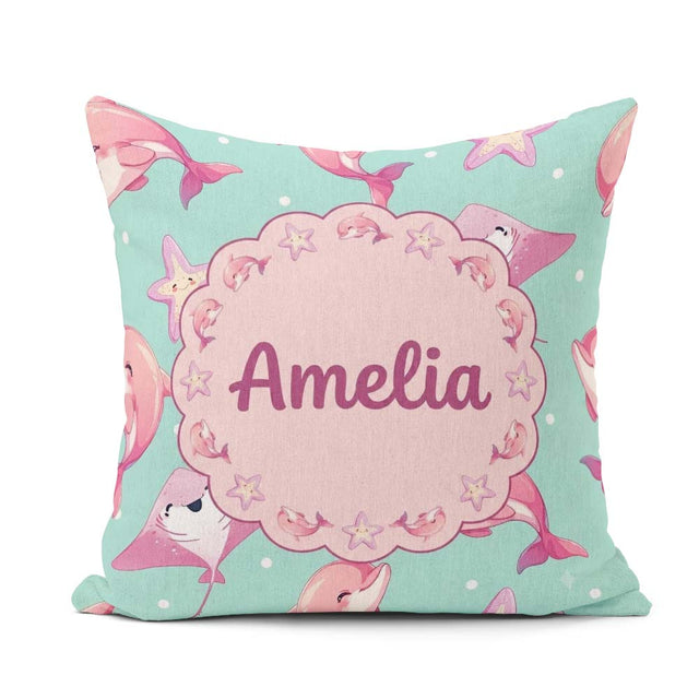 Custom Name Pink Dolphin Stingray Ocean Creatures Mint Green Dot Square Filled Cushion Throw Pillow Sofa Bed Home Decor Zip Washable UK Made