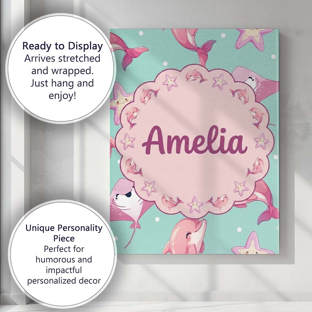 Personalised Name Pink Dolphin Stingray Custom  Modern Room Accent Elegant Feature Canvas Wall Art Print Decor Picture Ready to Hang